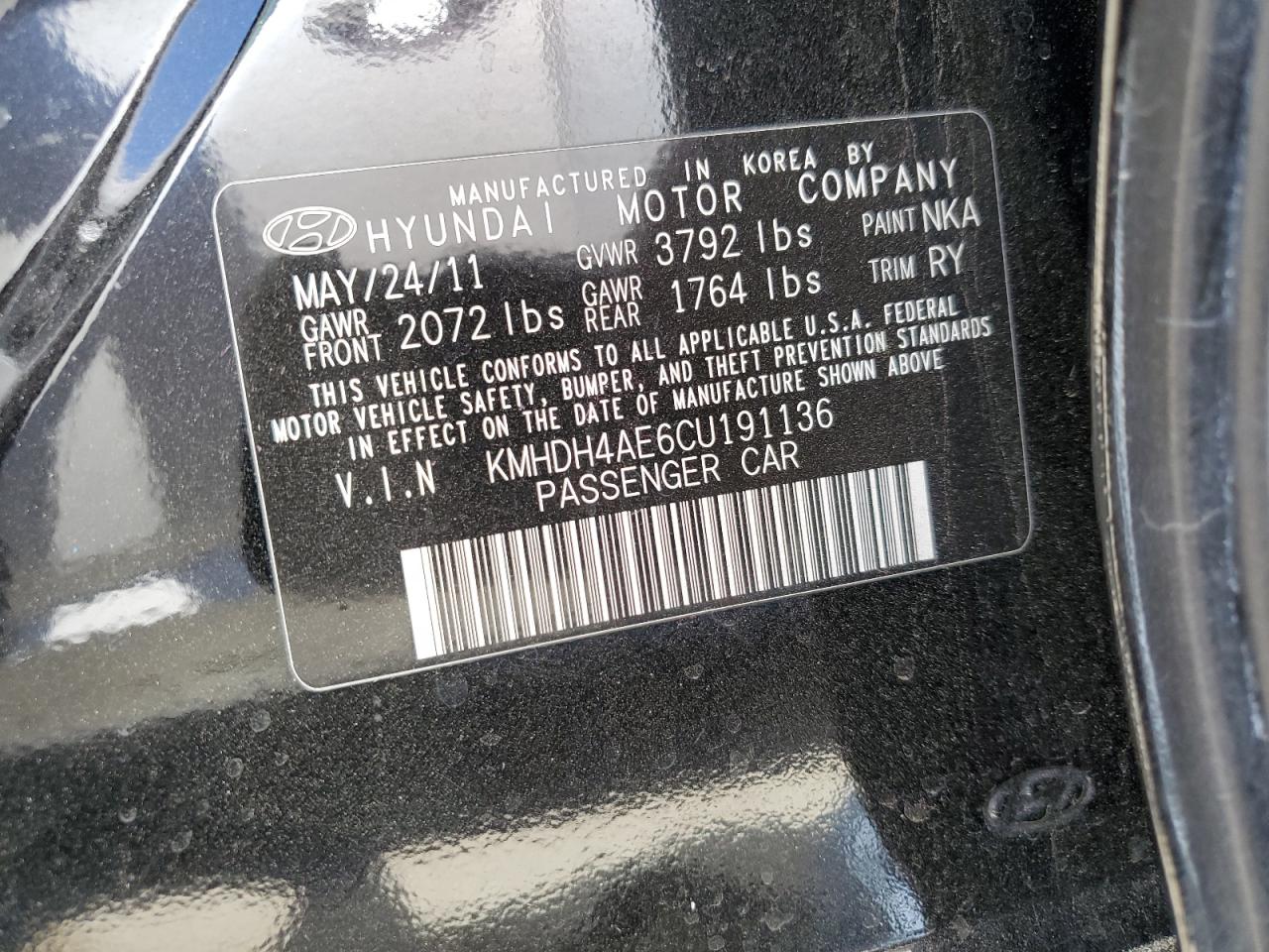 2012 Hyundai Elantra Gls VIN: KMHDH4AE6CU191136 Lot: 63251764