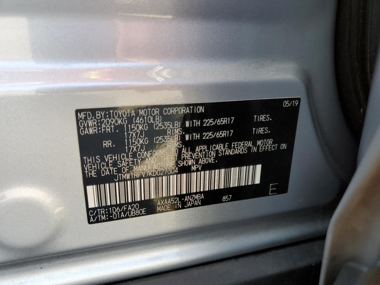 2019 Toyota Rav4 Xle VIN: JTMW1RFV7KD027304 Lot: 64772104