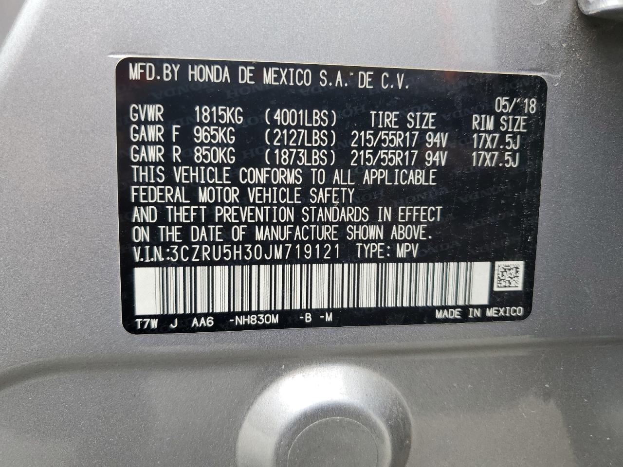 2018 Honda Hr-V Lx VIN: 3CZRU5H30JM719121 Lot: 63166924