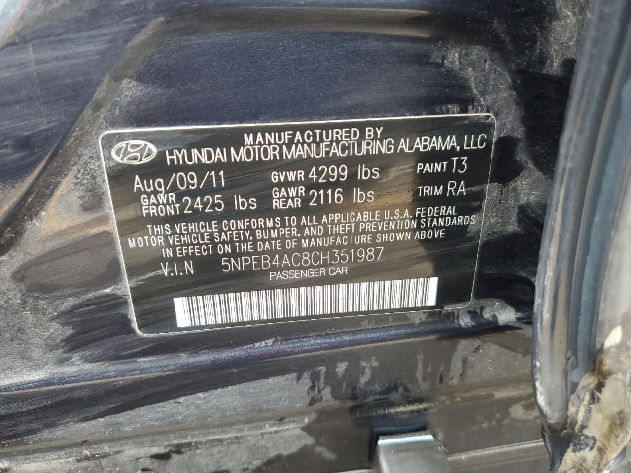 2012 Hyundai Sonata Gls VIN: 5NPEB4AC8CH351987 Lot: 63530424