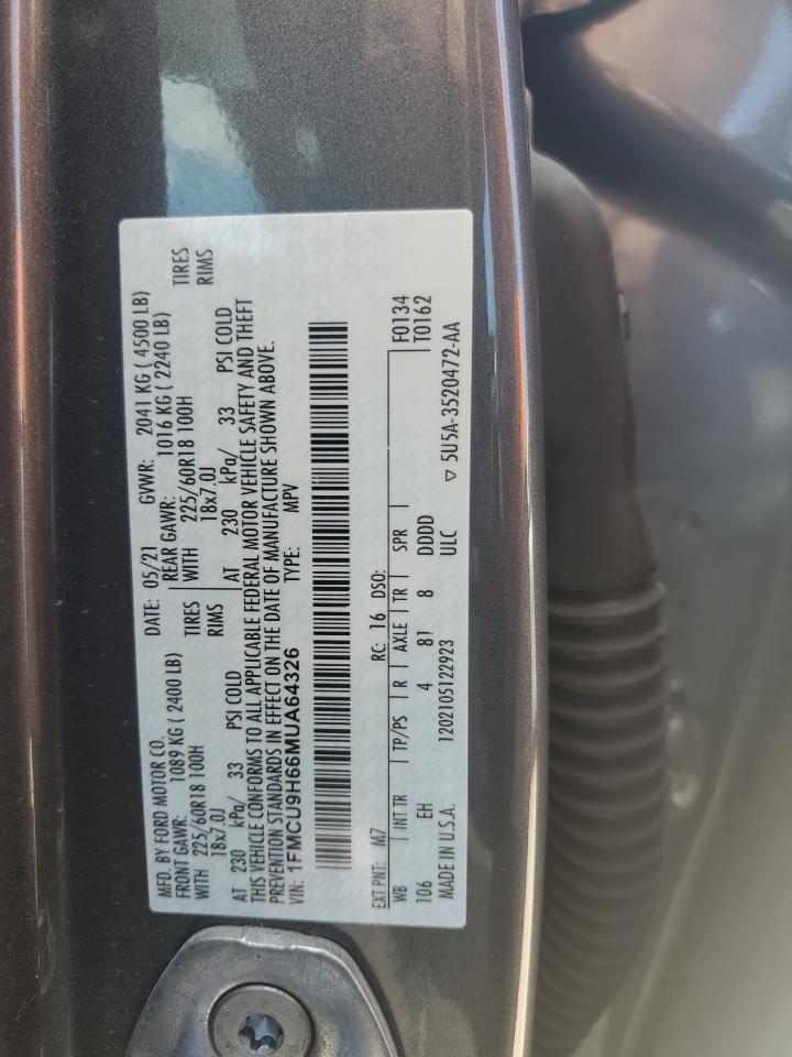 2021 Ford Escape Sel VIN: 1FMCU9H66MUA64326 Lot: 63627774