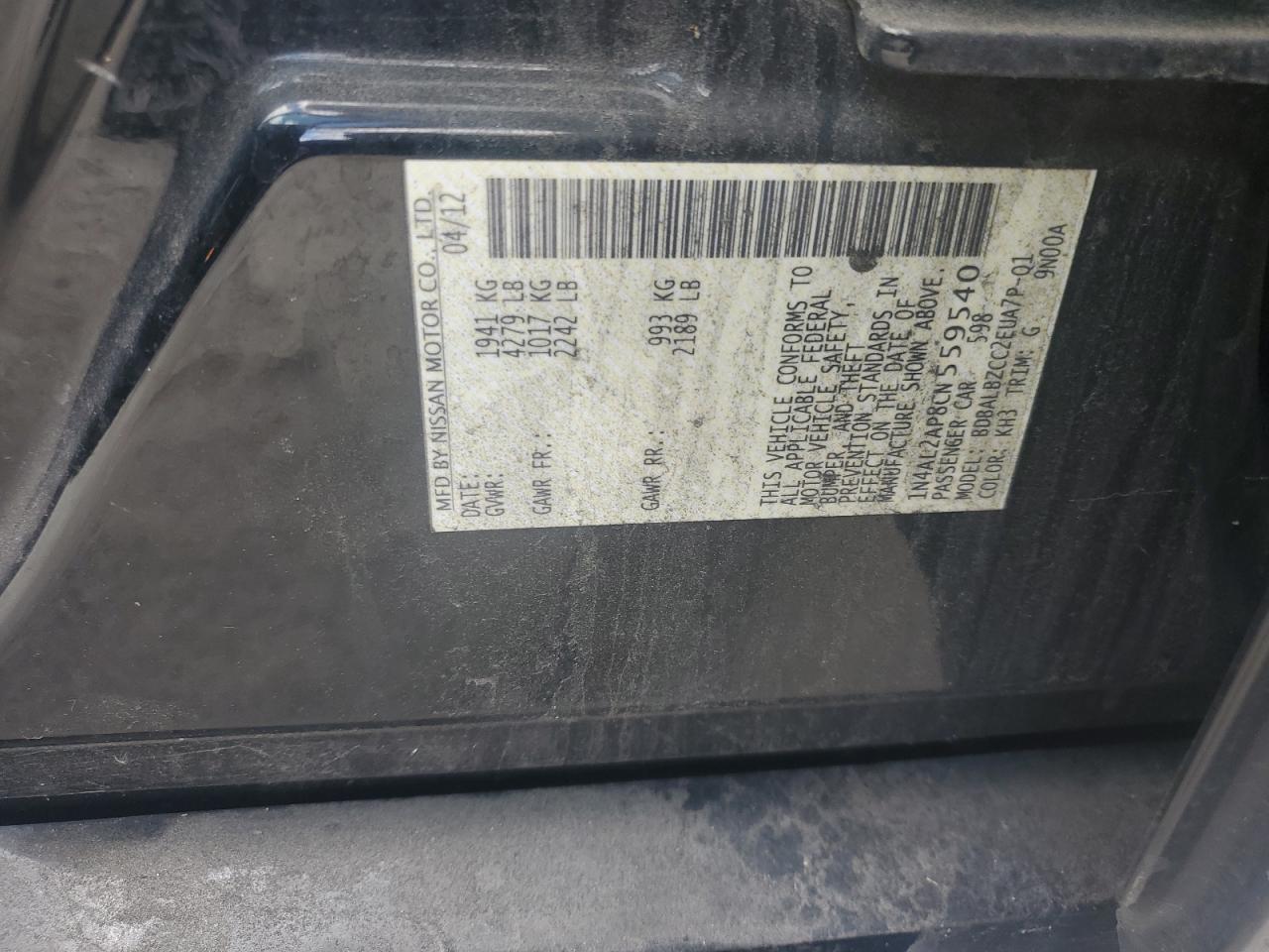 1N4AL2AP8CN559540 2012 Nissan Altima Base