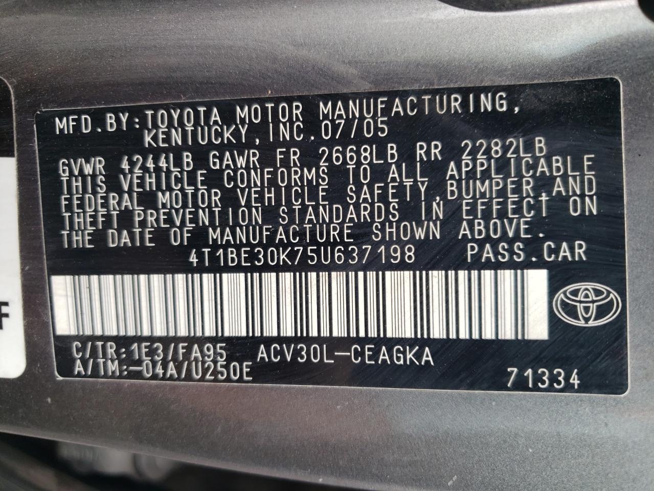2005 Toyota Camry Le VIN: 4T1BE30K75U637198 Lot: 62311994