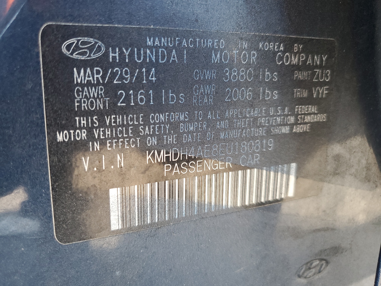 KMHDH4AE8EU180819 2014 Hyundai Elantra Se