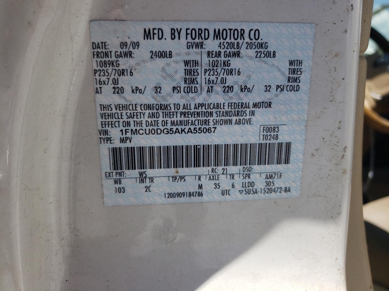 1FMCU0DG5AKA55067 2010 Ford Escape Xlt