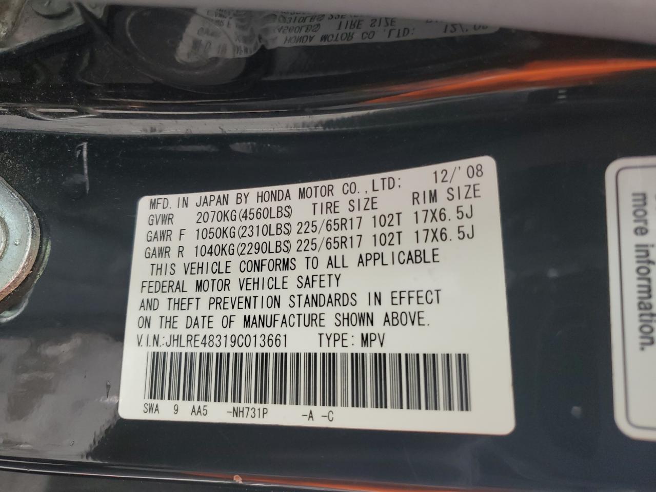 2009 Honda Cr-V Lx VIN: JHLRE48319C013661 Lot: 64103594