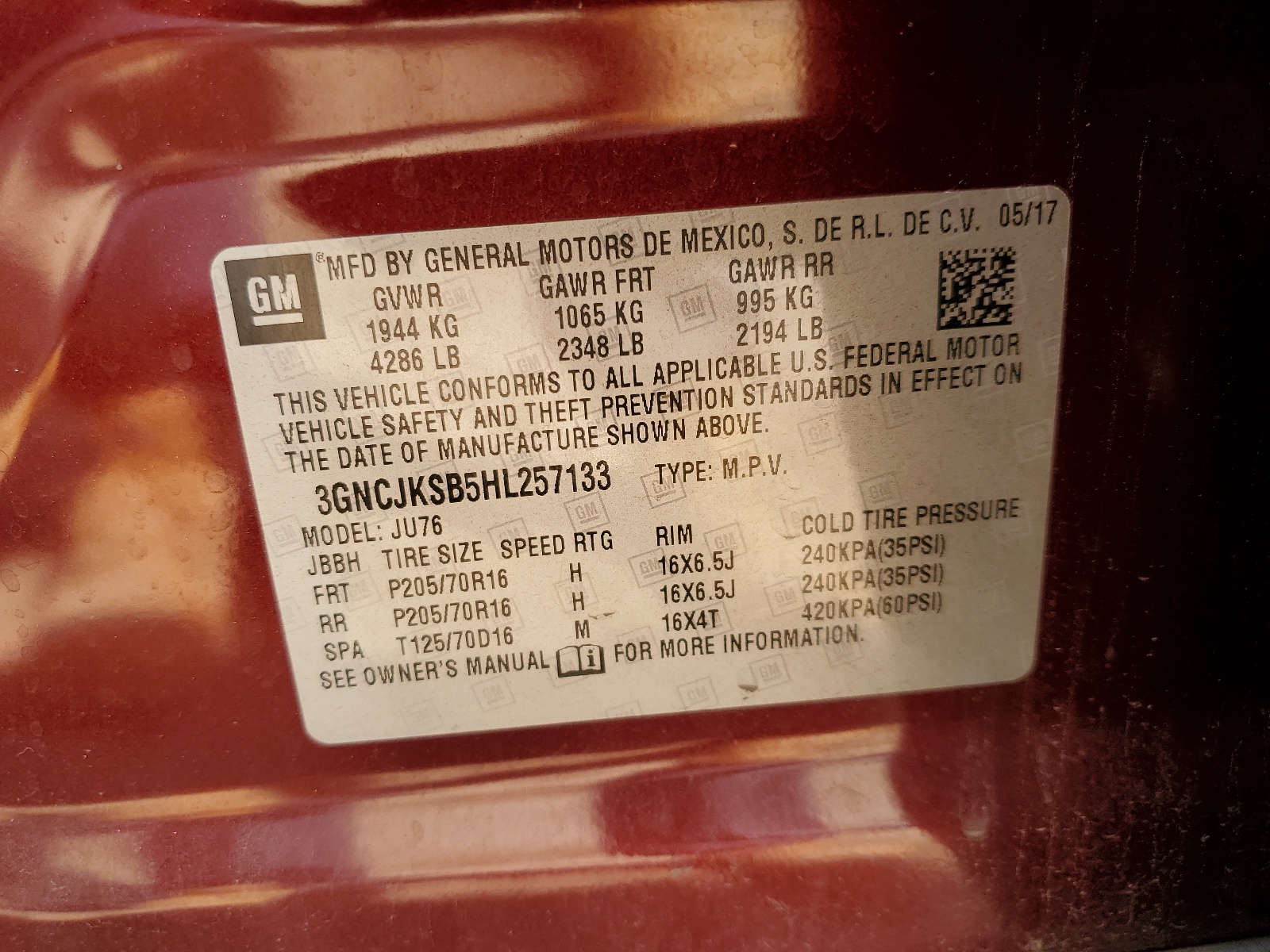 3GNCJKSB5HL257133 2017 Chevrolet Trax Ls