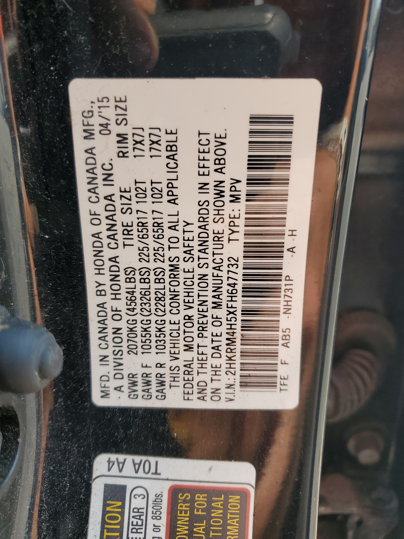 2HKRM4H5XFH647732 2015 Honda Cr-V Ex