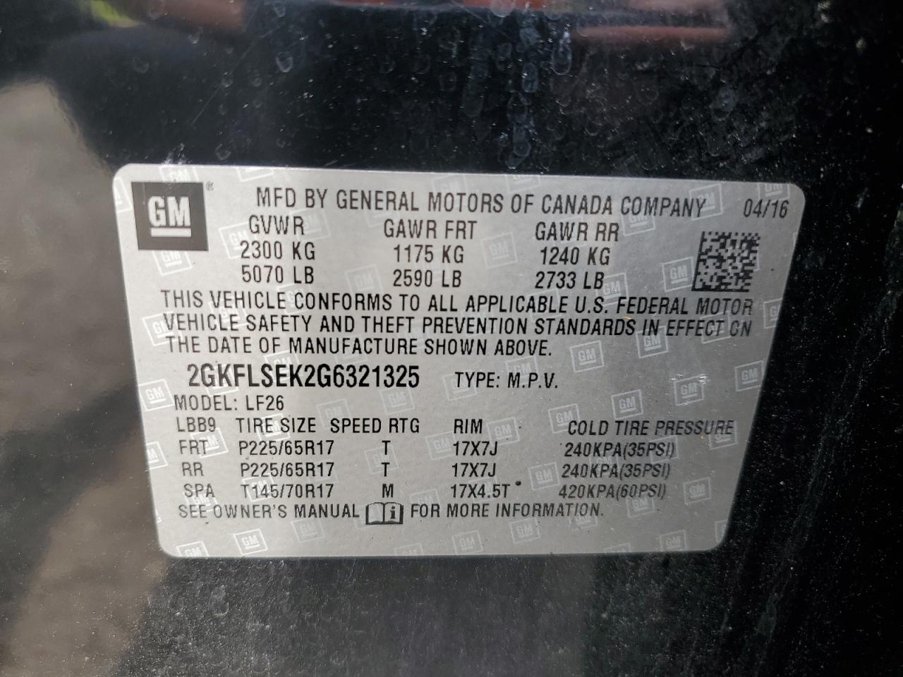 2016 GMC Terrain Sle VIN: 2GKFLSEK2G6321325 Lot: 64578784