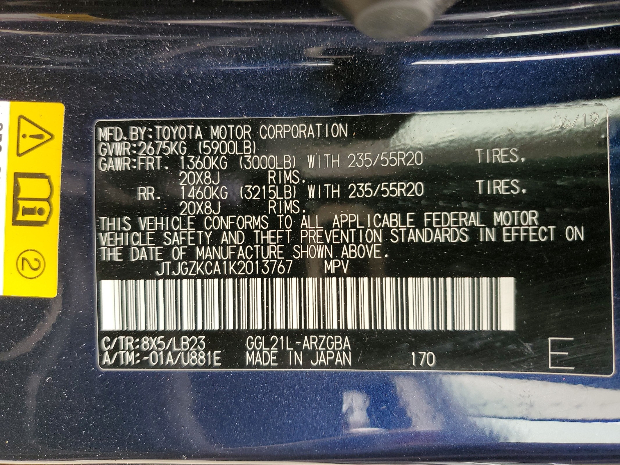 JTJGZKCA1K2013767 2019 Lexus Rx 350 L