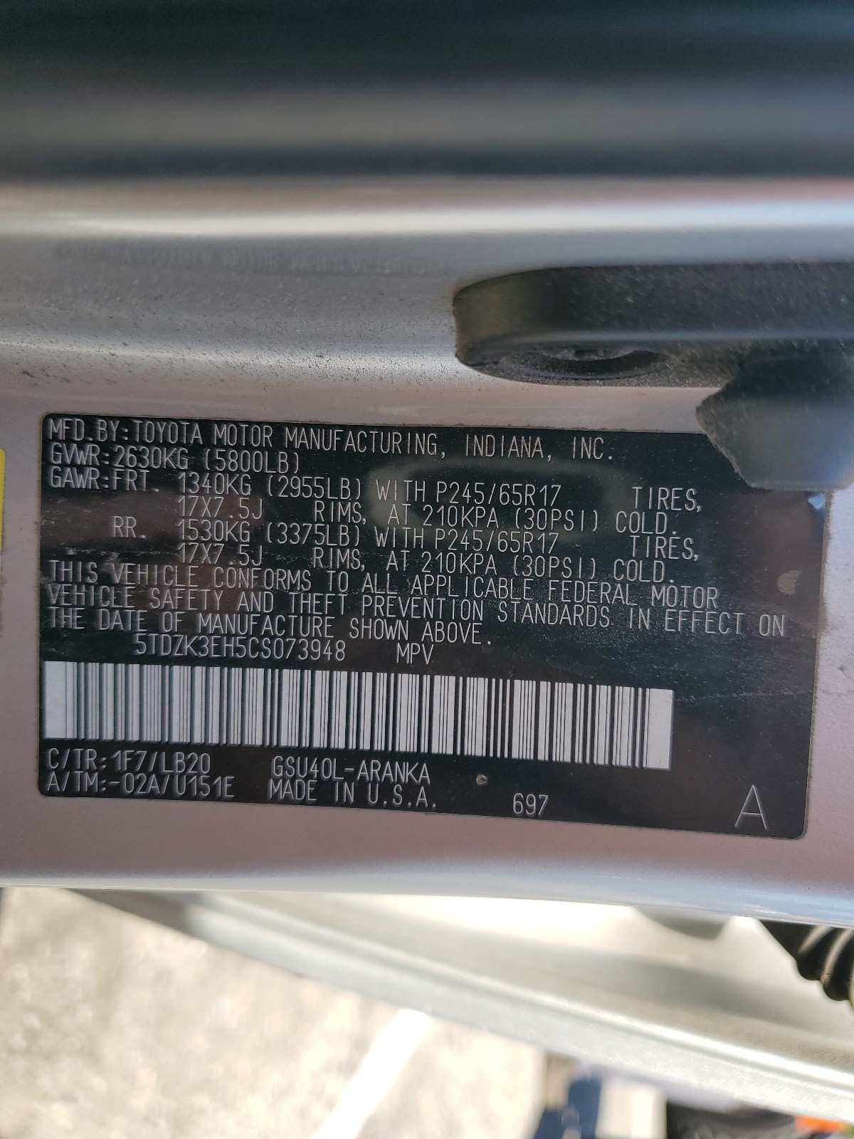 5TDZK3EH5CS073948 2012 Toyota Highlander Base