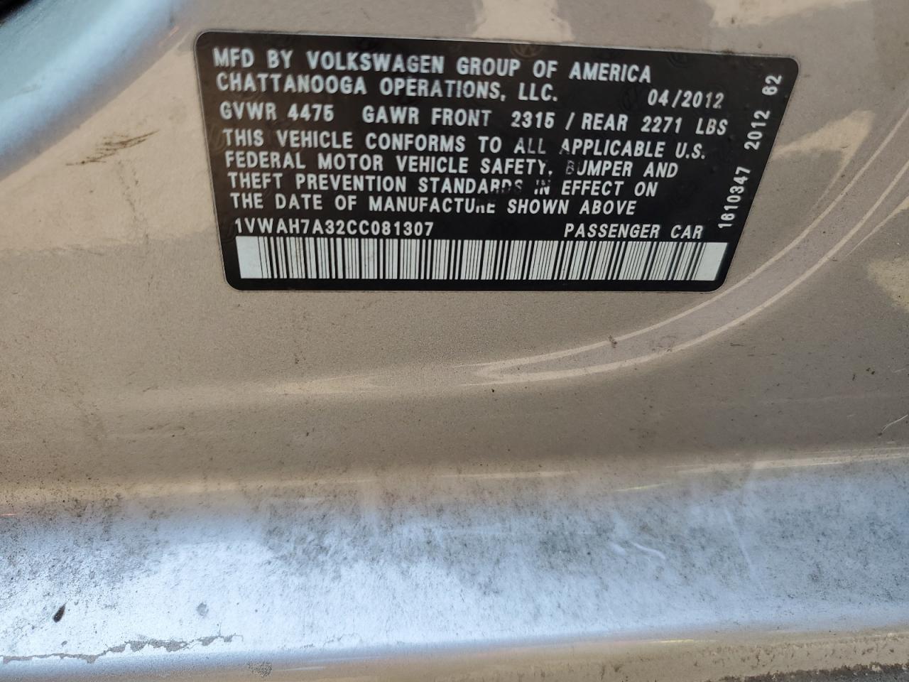 2012 Volkswagen Passat S VIN: 1VWAH7A32CC081307 Lot: 63196314