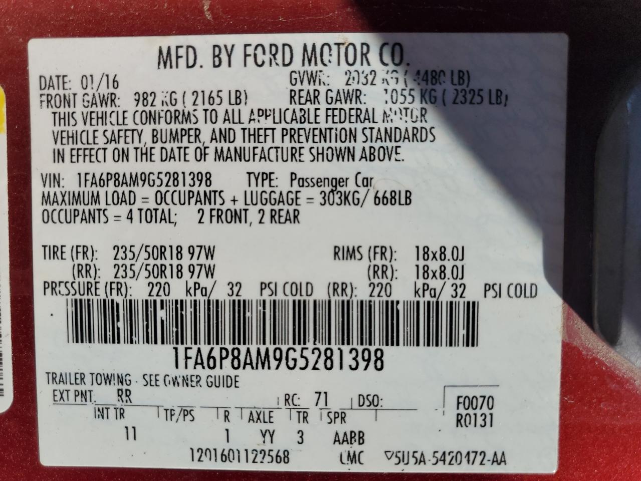 2016 Ford Mustang VIN: 1FA6P8AM9G5281398 Lot: 60941914