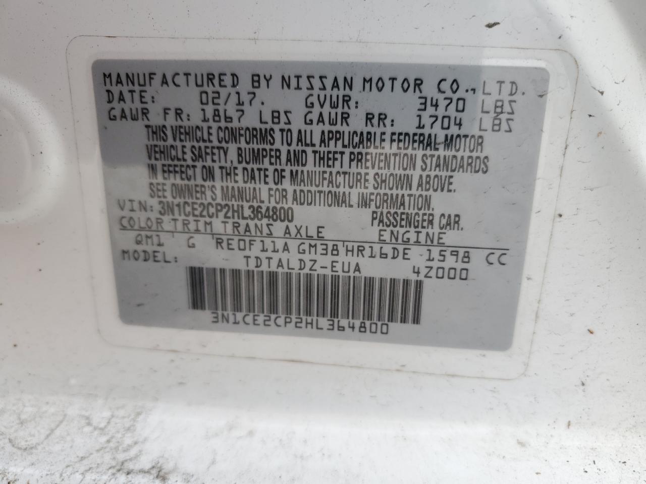 3N1CE2CP2HL364800 2017 Nissan Versa Note S