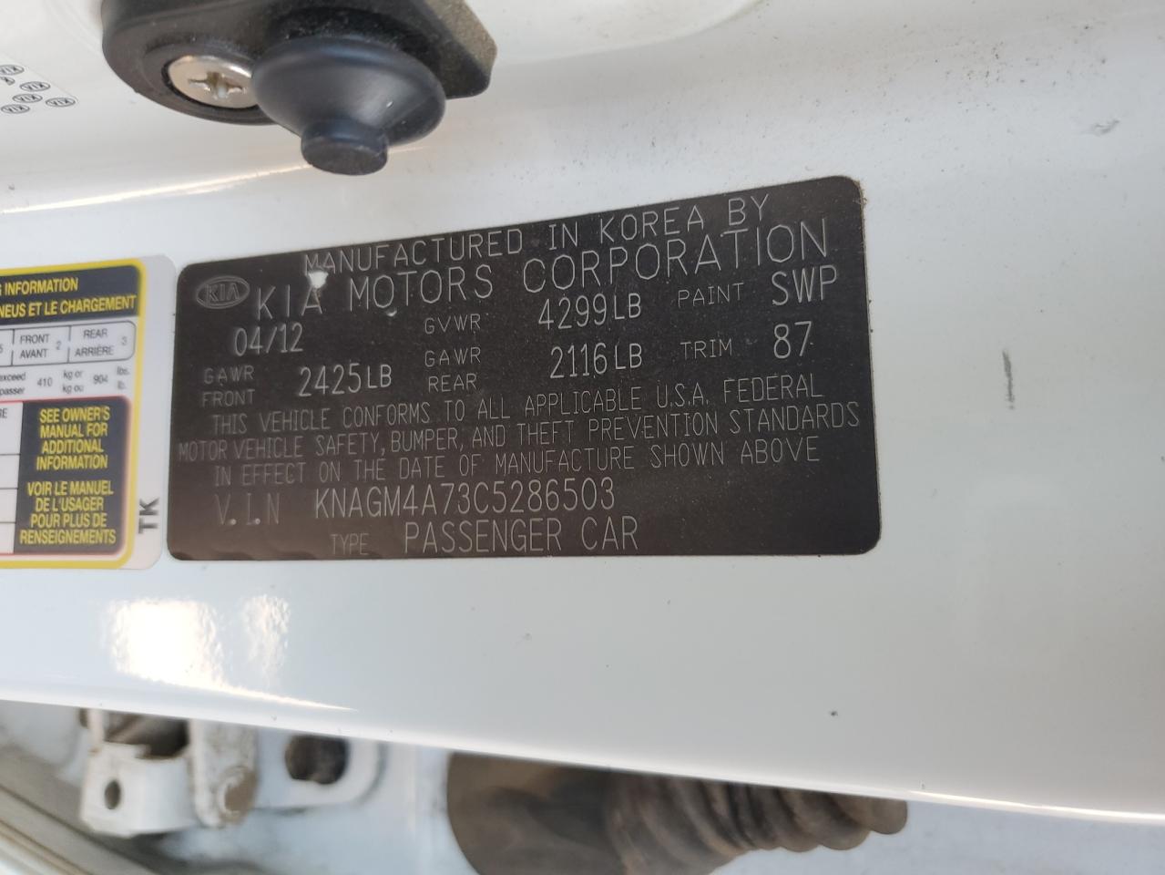 2012 Kia Optima Lx VIN: KNAGM4A73C5286503 Lot: 63444734