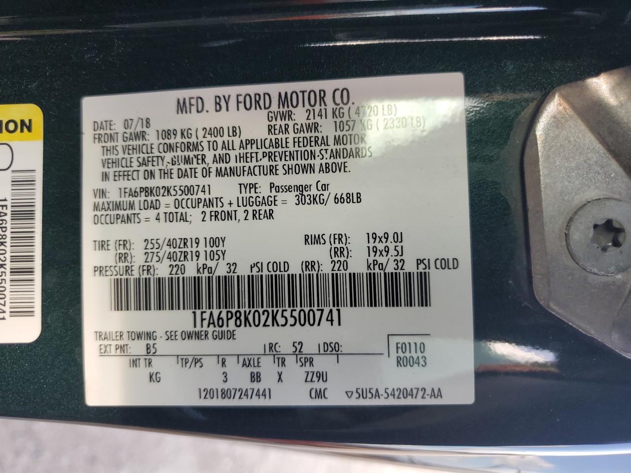 2019 Ford Mustang Bullitt VIN: 1FA6P8K02K5500741 Lot: 65444584