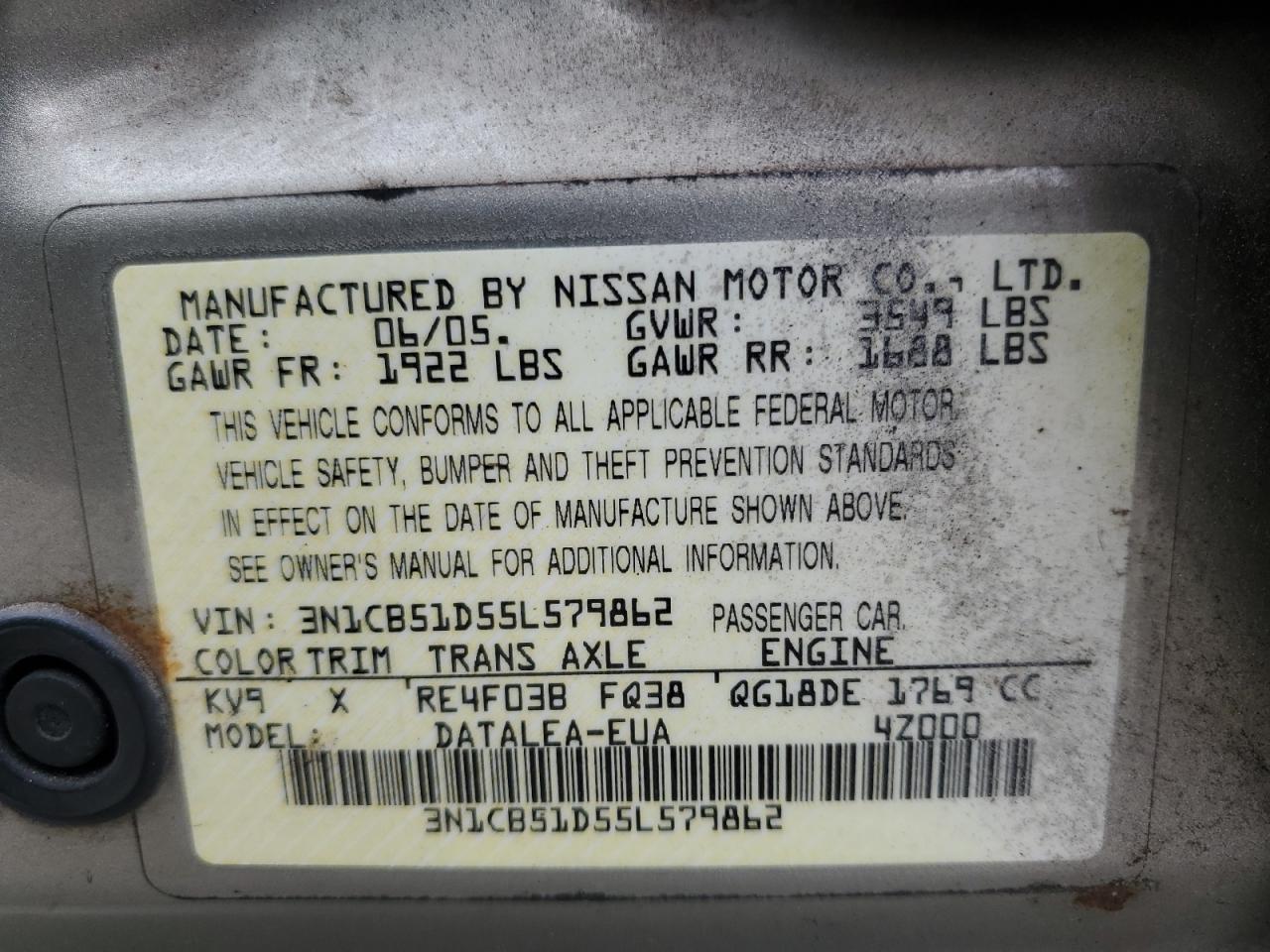 2005 Nissan Sentra 1.8 VIN: 3N1CB51D55L579862 Lot: 61618784