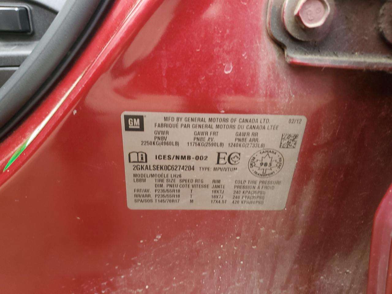 2012 GMC Terrain Sle VIN: 2GKALSEK0C6274204 Lot: 63710754