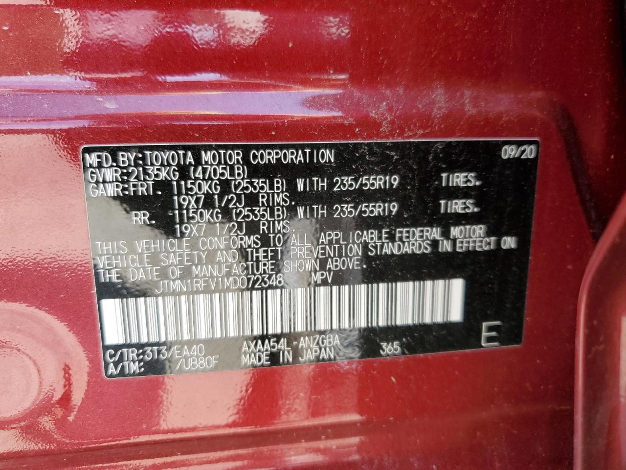 2021 Toyota Rav4 Limited VIN: JTMN1RFV1MD072348 Lot: 63531074