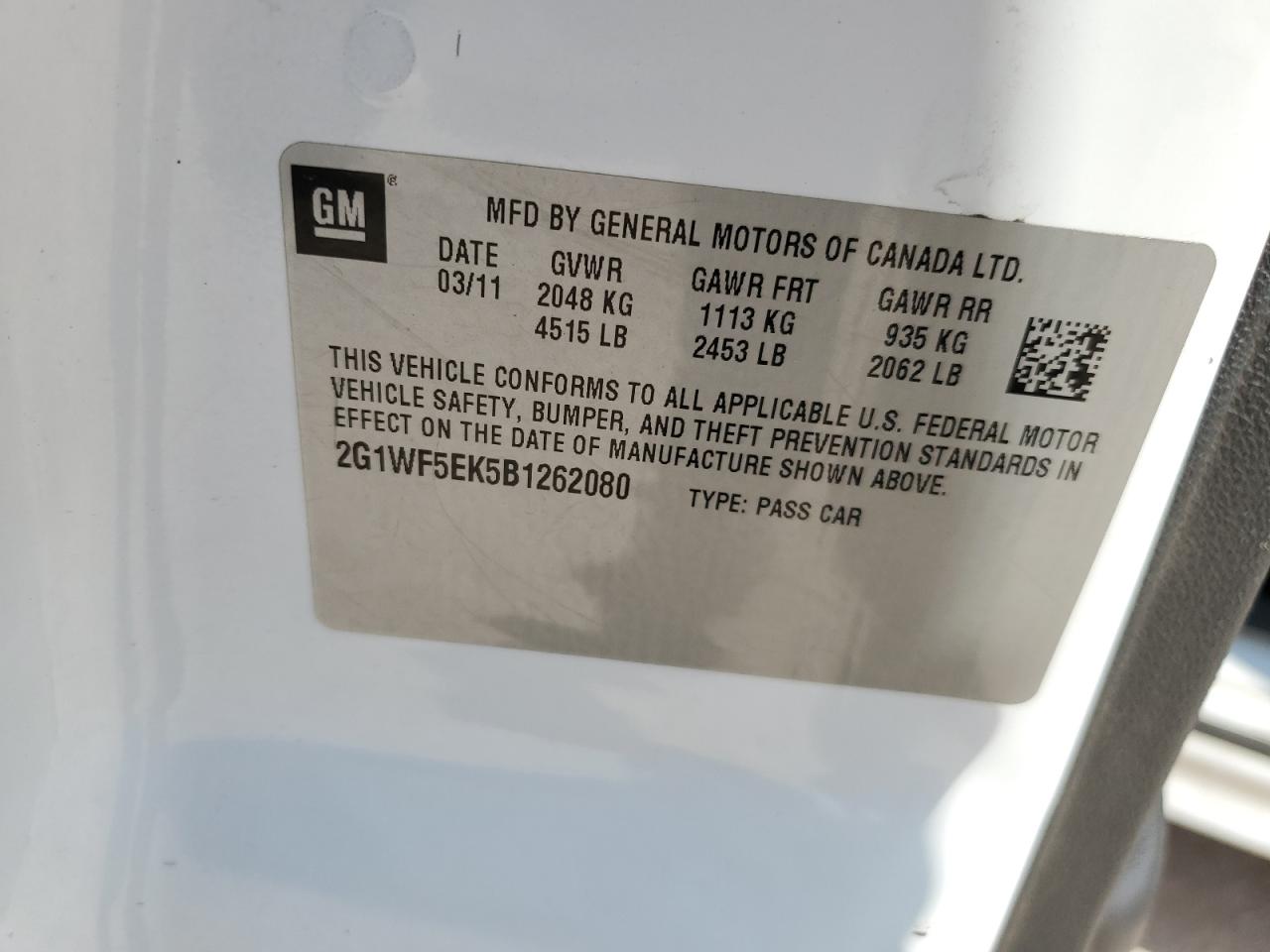 2011 Chevrolet Impala Ls VIN: 2G1WF5EK5B1262080 Lot: 52809545