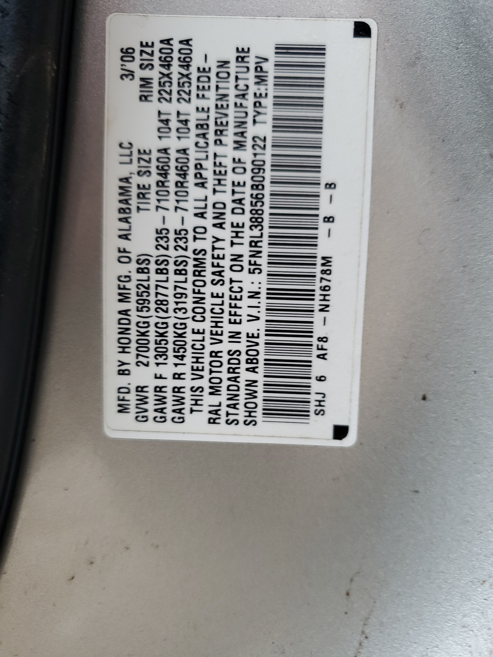 5FNRL38856B090122 2006 Honda Odyssey Touring
