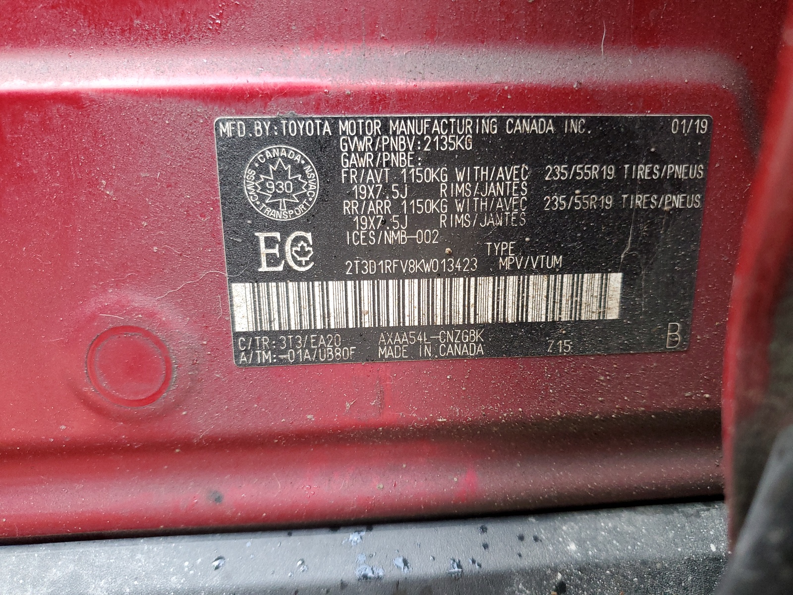 2T3D1RFV8KW013423 2019 Toyota Rav4 Limited