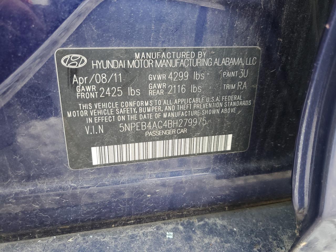 5NPEB4AC4BH279975 2011 Hyundai Sonata Gls