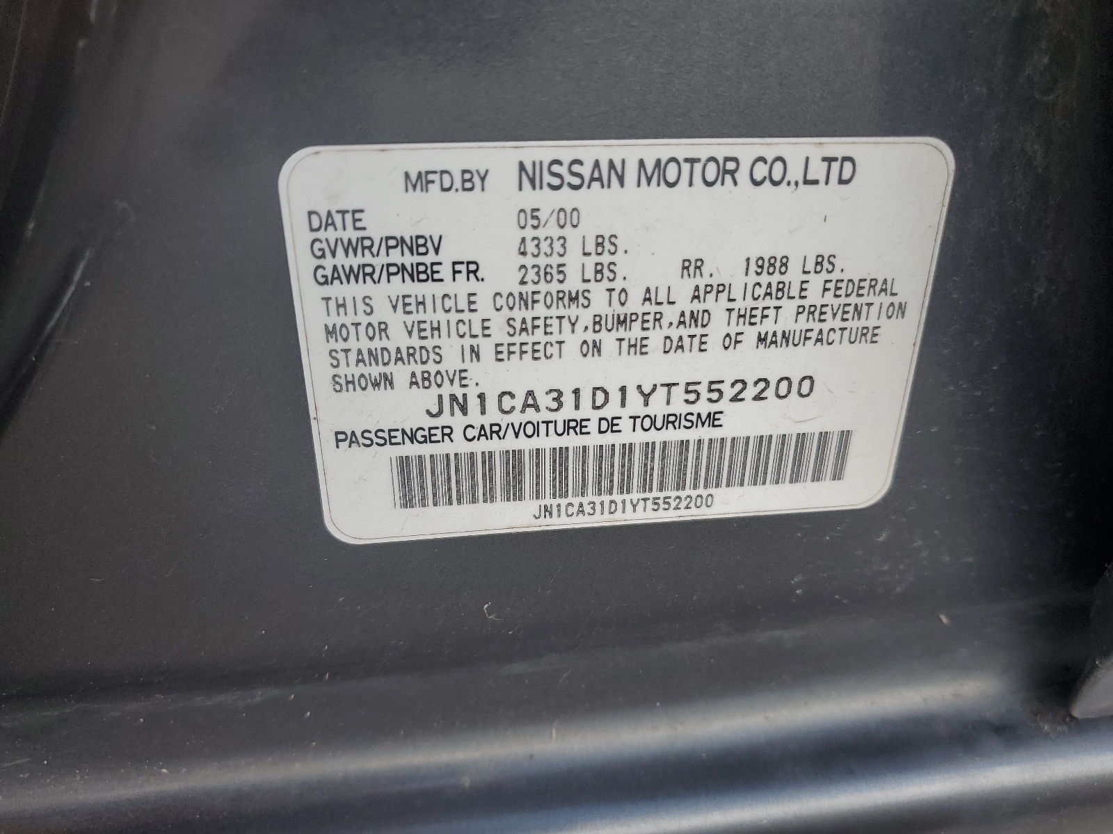 JN1CA31D1YT552200 2000 Nissan Maxima Gle