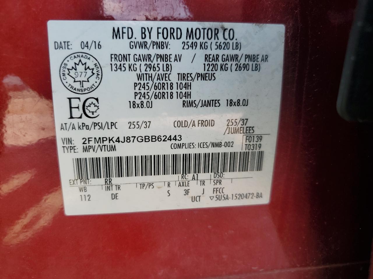 2016 Ford Edge Sel VIN: 2FMPK4J87GBB62443 Lot: 64776444