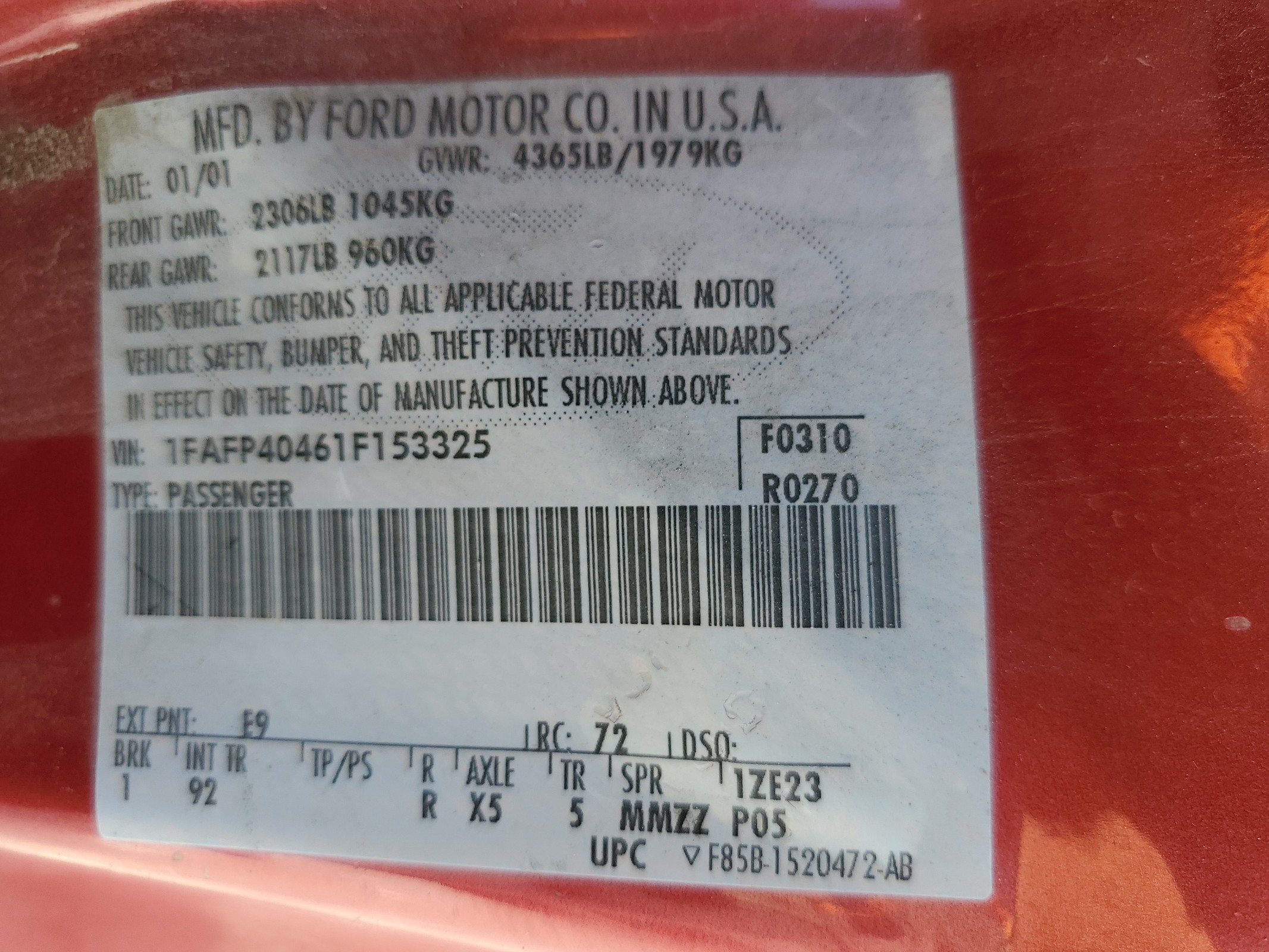 1FAFP40461F153325 2001 Ford Mustang