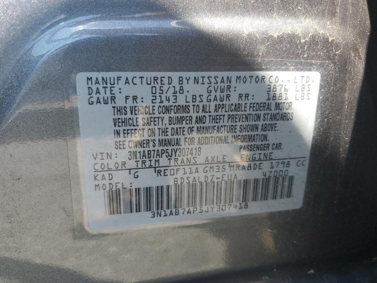 2018 Nissan Sentra S VIN: 3N1AB7AP5JY307418 Lot: 63017504