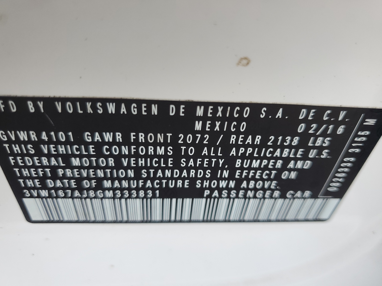 3VW167AJ8GM333831 2016 Volkswagen Jetta S