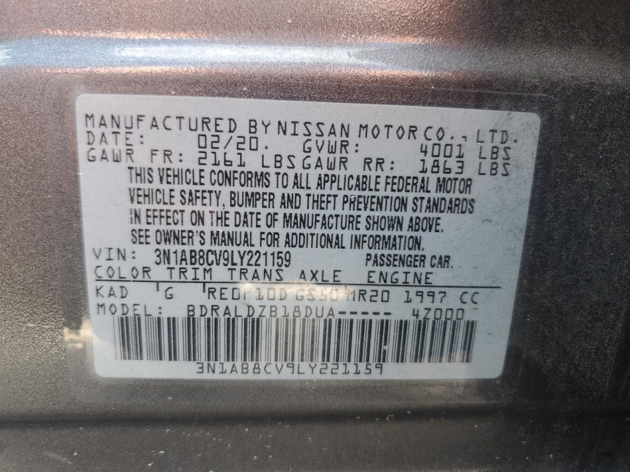 2020 Nissan Sentra Sv VIN: 3N1AB8CV9LY221159 Lot: 64204234