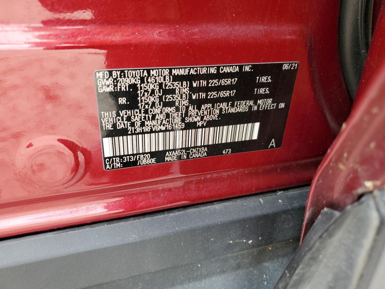 2021 Toyota Rav4 Le VIN: 2T3H1RFV6MW161459 Lot: 64391294