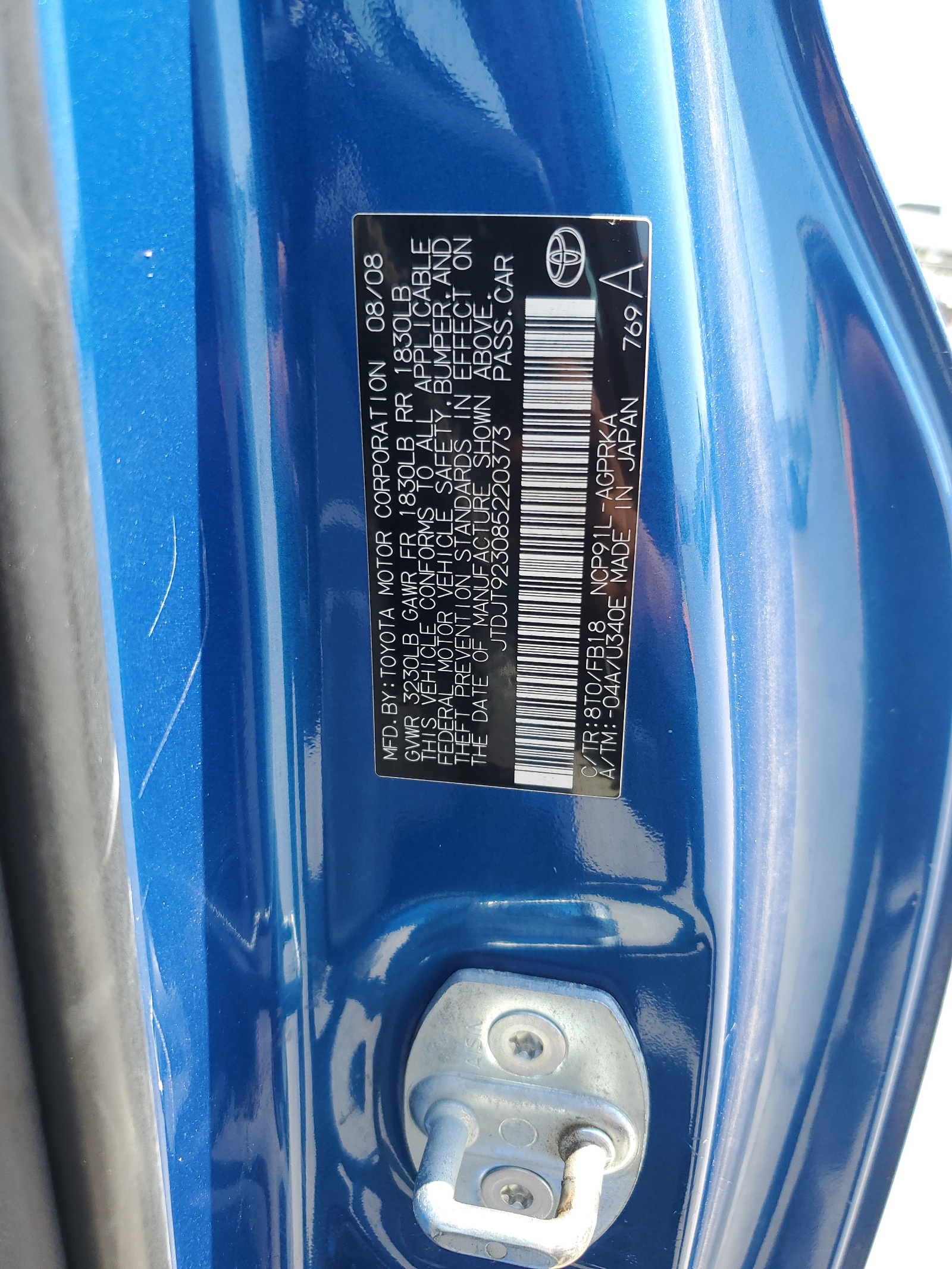 JTDJT923085220373 2008 Toyota Yaris