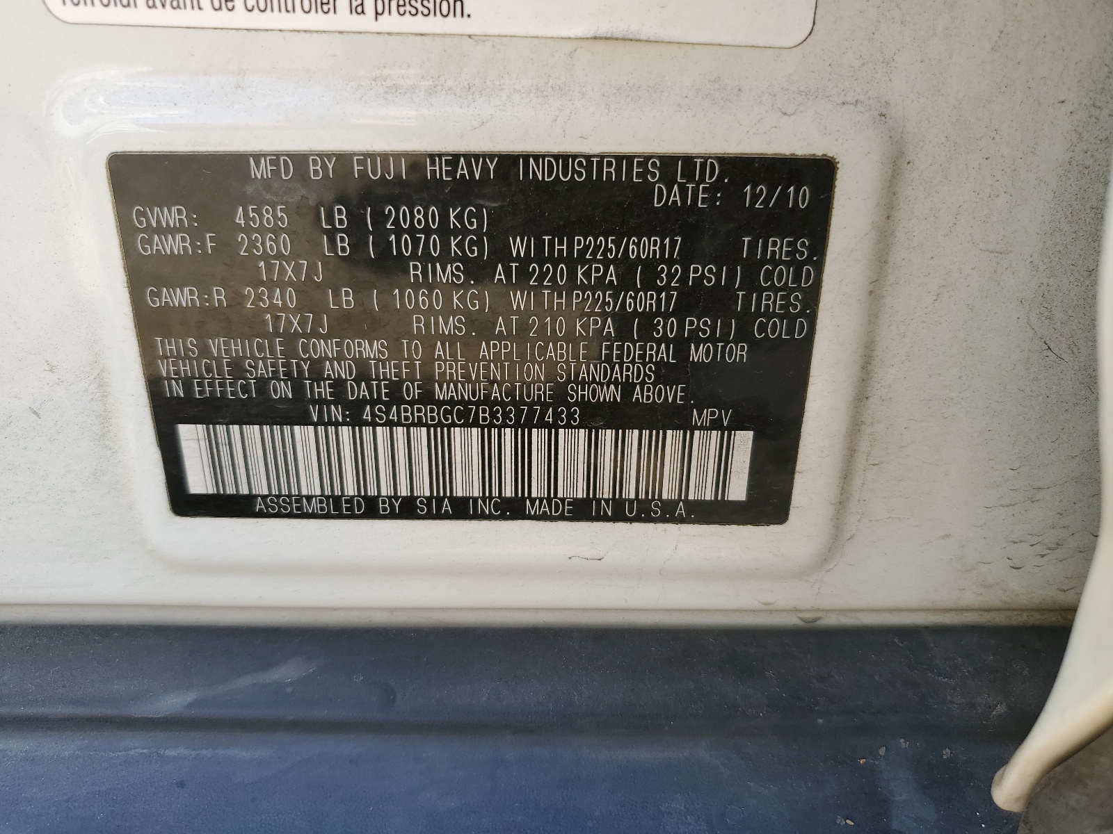 4S4BRBGC7B3377433 2011 Subaru Outback 2.5I Premium