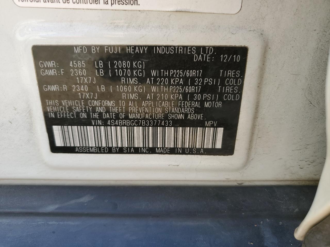 2011 Subaru Outback 2.5I Premium VIN: 4S4BRBGC7B3377433 Lot: 63464014