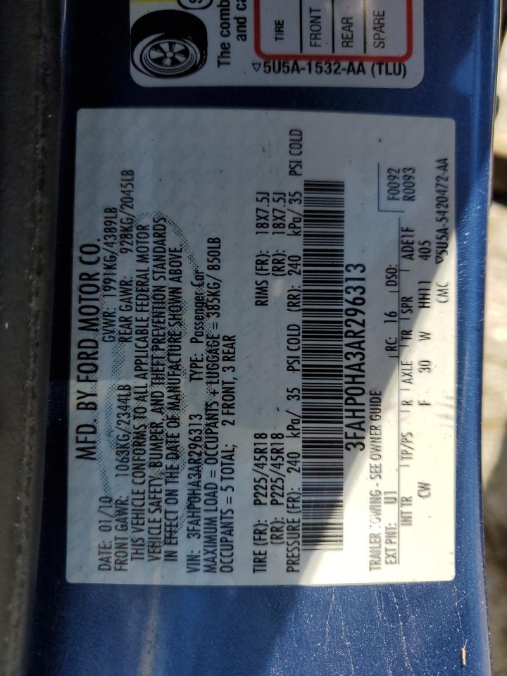 2010 Ford Fusion Se VIN: 3FAHP0HA3AR296313 Lot: 61405484