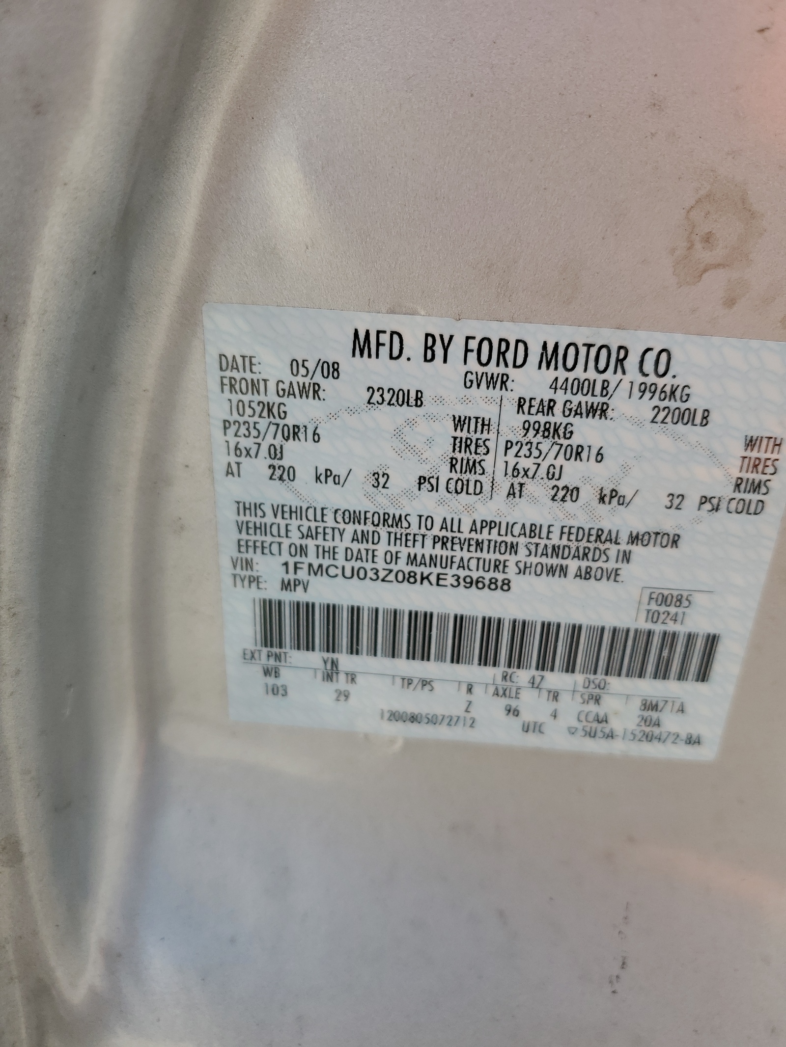 1FMCU03Z08KE39688 2008 Ford Escape Xlt