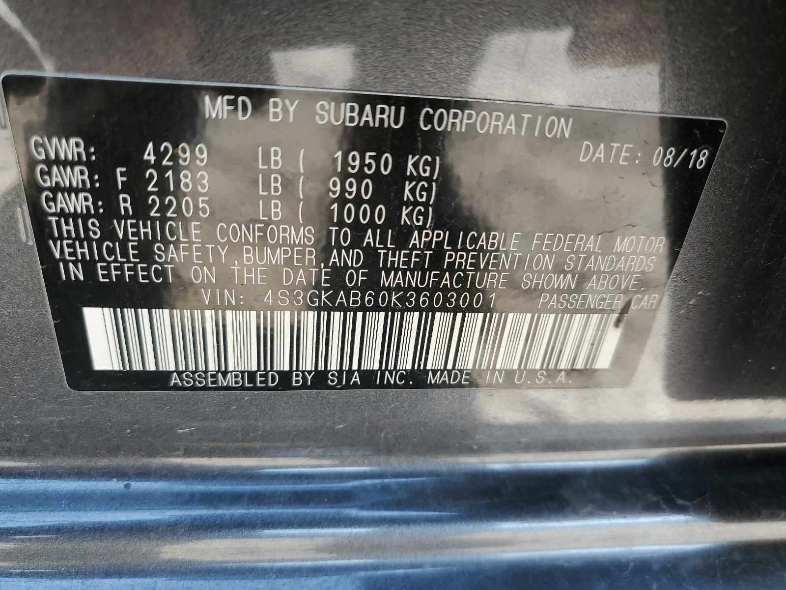 4S3GKAB60K3603001 2019 Subaru Impreza