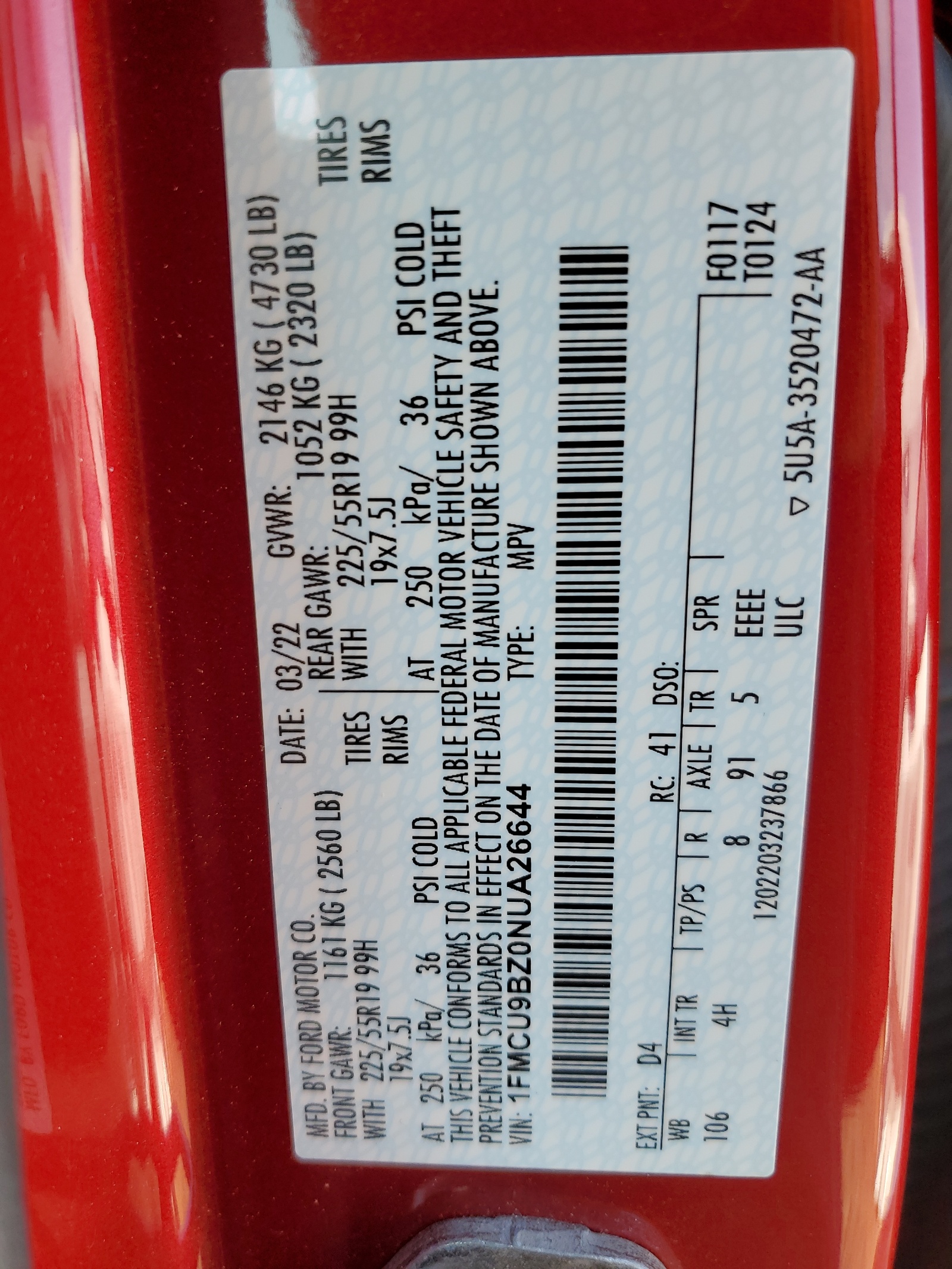 1FMCU9BZ0NUA26644 2022 Ford Escape Se