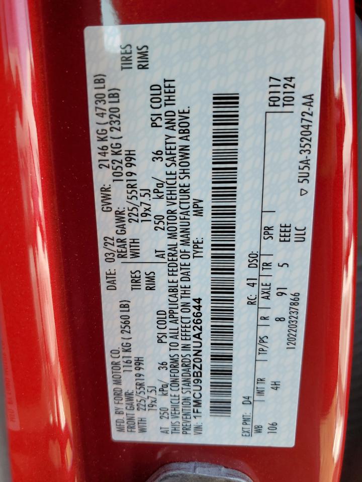 2022 Ford Escape Se VIN: 1FMCU9BZ0NUA26644 Lot: 62839174