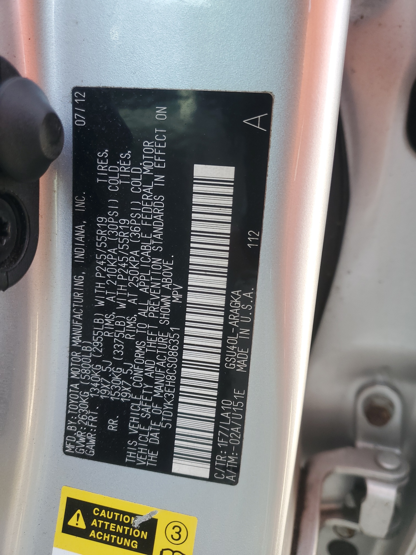 5TDYK3EH8CS086351 2012 Toyota Highlander Limited