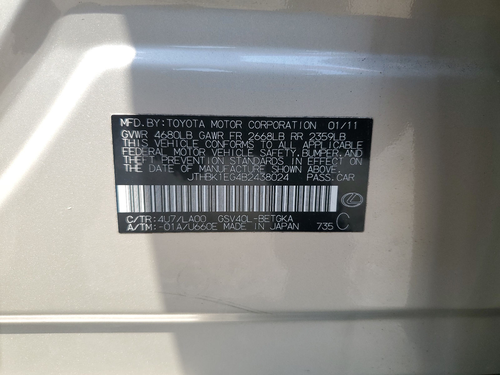 JTHBK1EG4B2438024 2011 Lexus Es 350