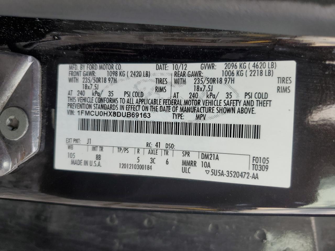 2013 Ford Escape Sel VIN: 1FMCU0HX8DUB69163 Lot: 62723904