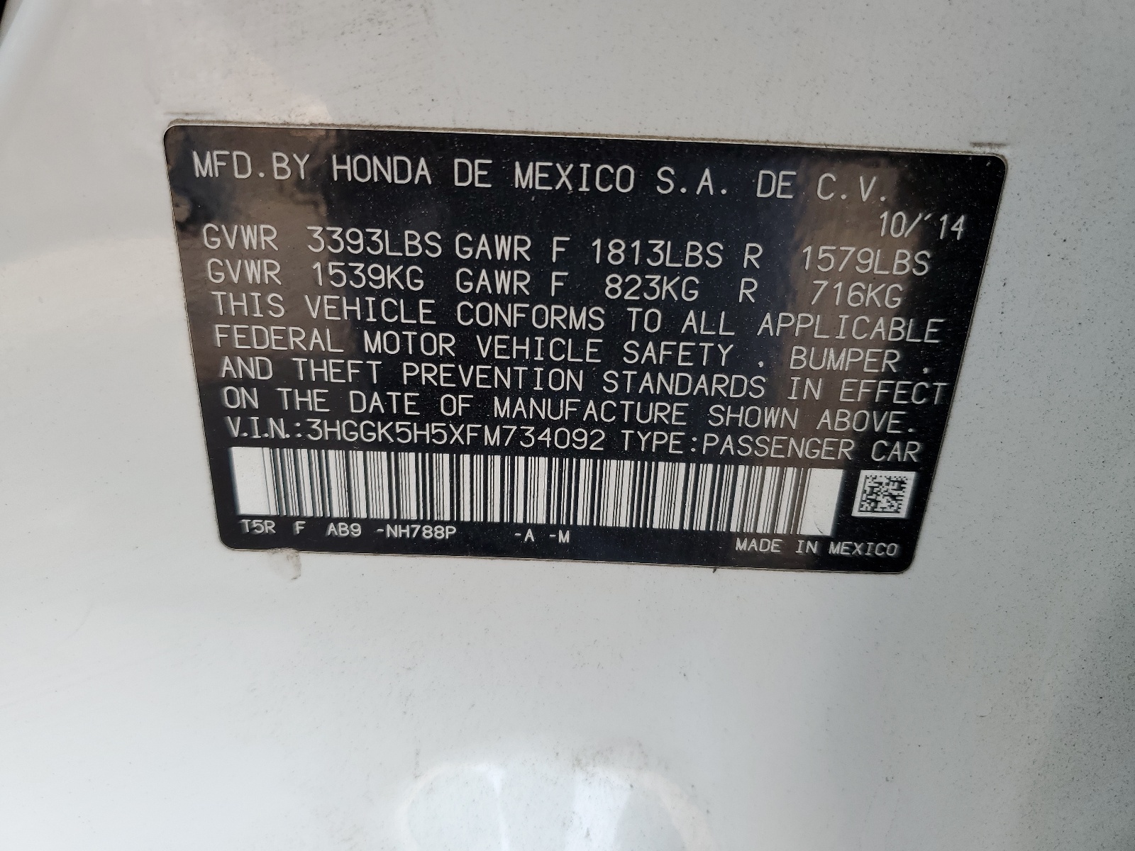 3HGGK5H5XFM734092 2015 Honda Fit Lx