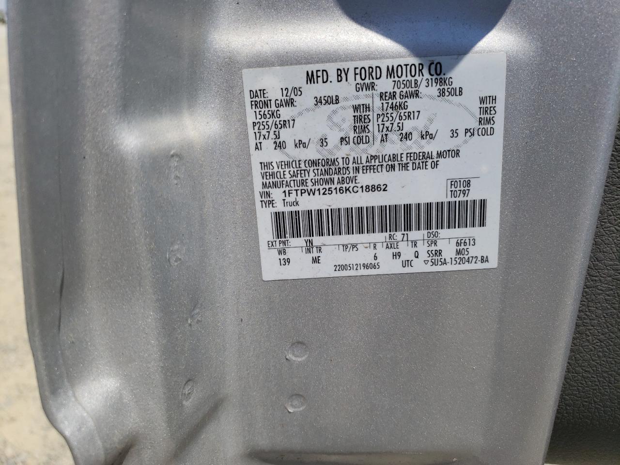 2006 Ford F150 Supercrew VIN: 1FTPW12516KC18862 Lot: 62059734