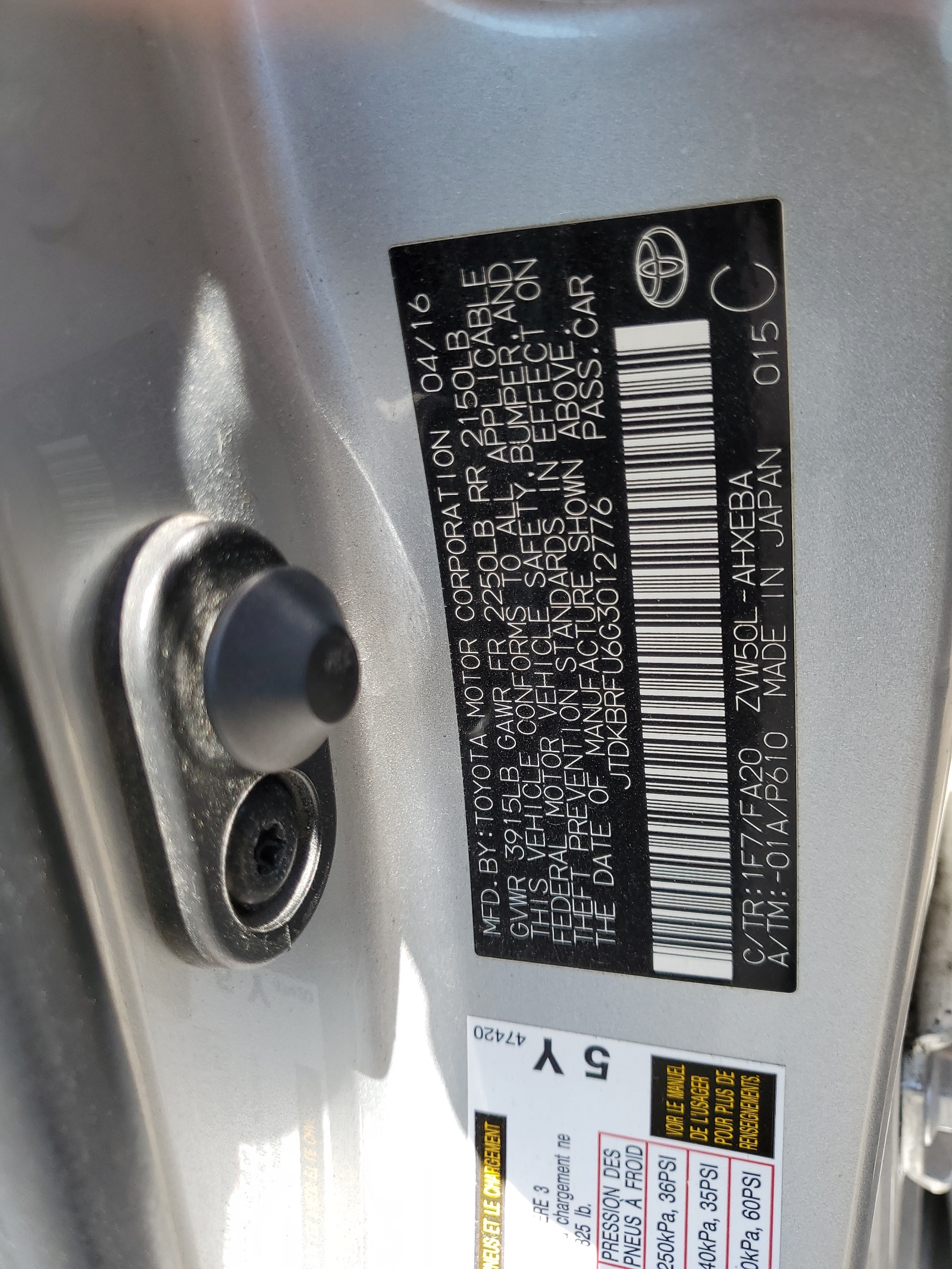 JTDKBRFU6G3012776 2016 Toyota Prius