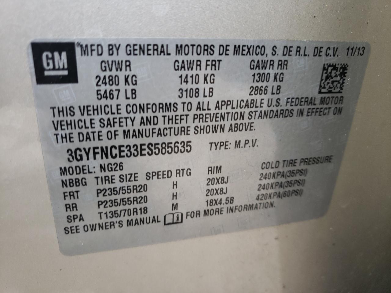 2014 Cadillac Srx Performance Collection VIN: 3GYFNCE33ES585635 Lot: 64975894