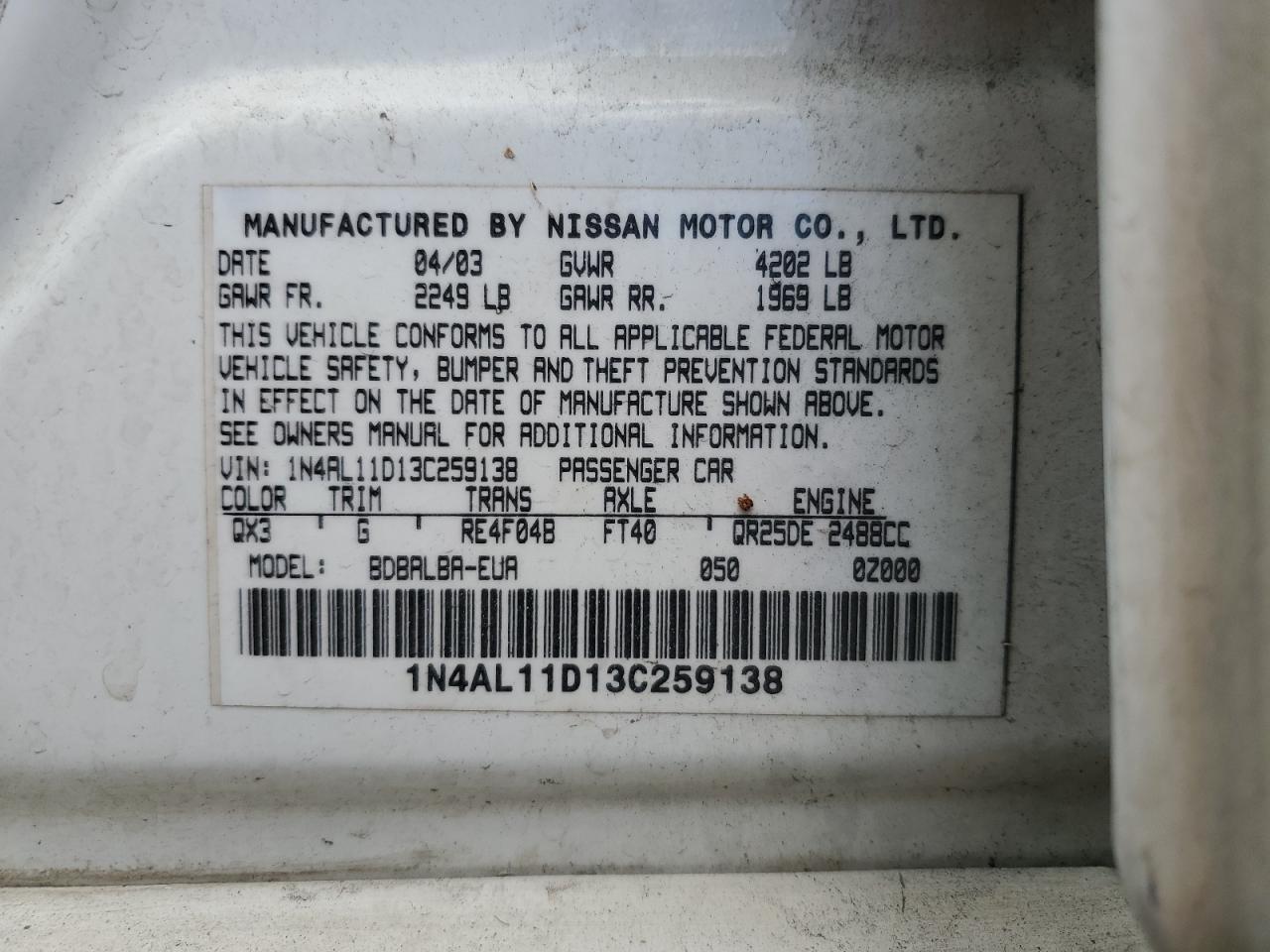 2003 Nissan Altima Base VIN: 1N4AL11D13C259138 Lot: 61341844